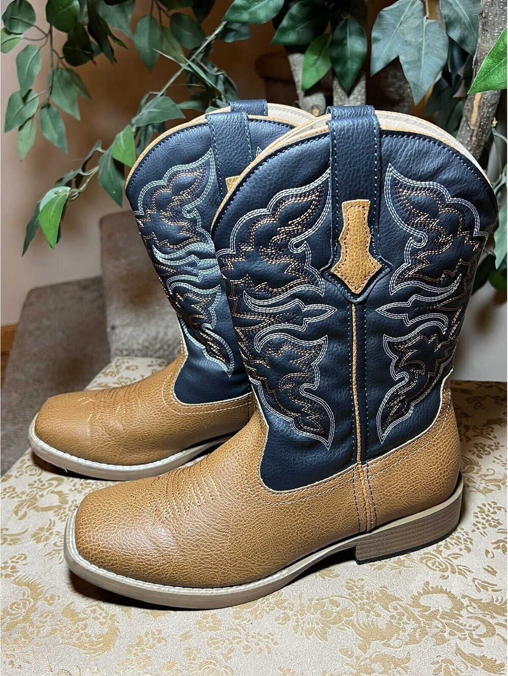 Roper Western Boots Mens Square Stitch Black/Brown Size 7.5